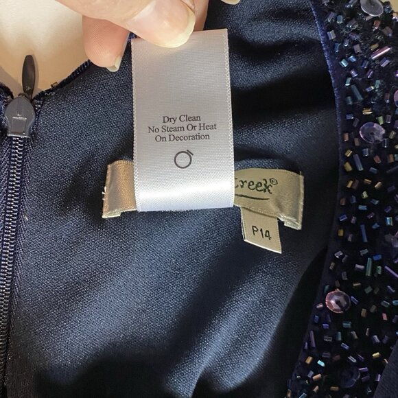 Coldwater Creek Dress Navy Blue Velvet Beaded Mesh Panel Hem Whimsigoth Sz 14P - Picture 5 of 13